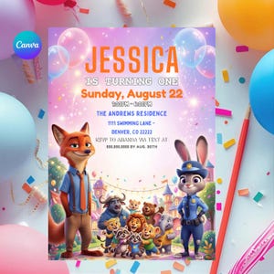 May include: A birthday party invitation featuring the text "JESSICA IS TURNING ONE" with event details. The design includes cartoon characters, balloons, and confetti, with the Canva logo in the corner.