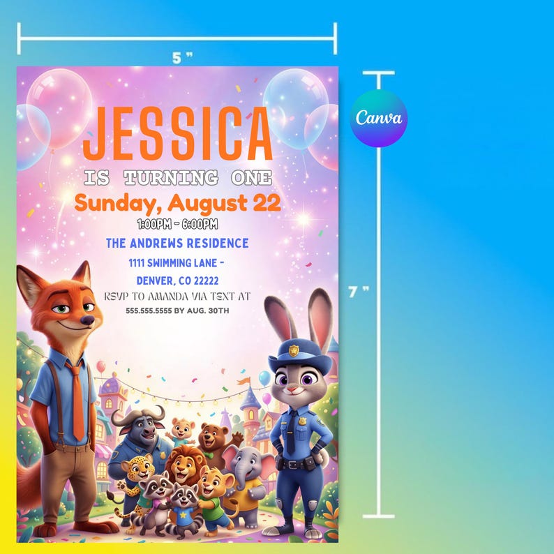 May include: A 5" x 7" birthday invitation featuring the text "JESSICA IS TURNING ONE" with event details. The design includes cartoon characters and balloons against a pink and purple background. The invitation is for a party on Sunday, August 22.