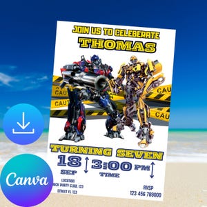 Faire-part d&#39;anniversaire modifiable Rescue Bots : Transformers Party (modèle de toile)