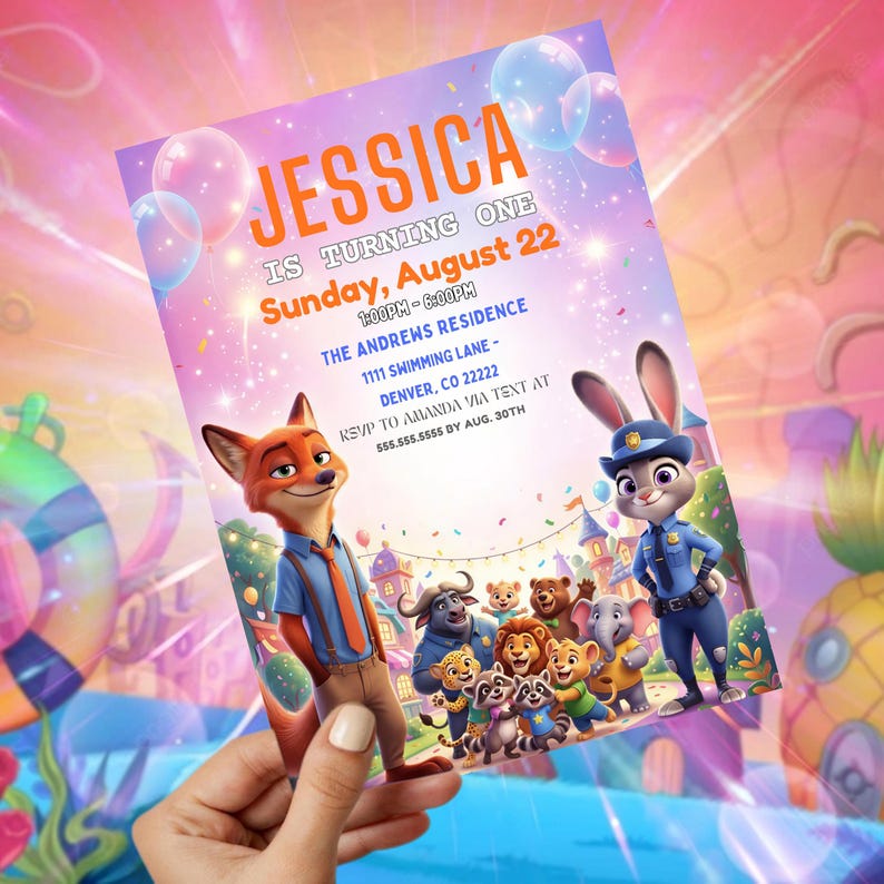 May include: A colorful birthday party invitation featuring the text "JESSICA IS TURNING ONE" in orange. The invitation includes the date, time, and location. Cartoon characters from Zootopia are also featured on the invitation.