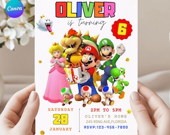Super Mario Birthday Invitation, Watercolor Party Invite, 5x7 Printable CANVA Template