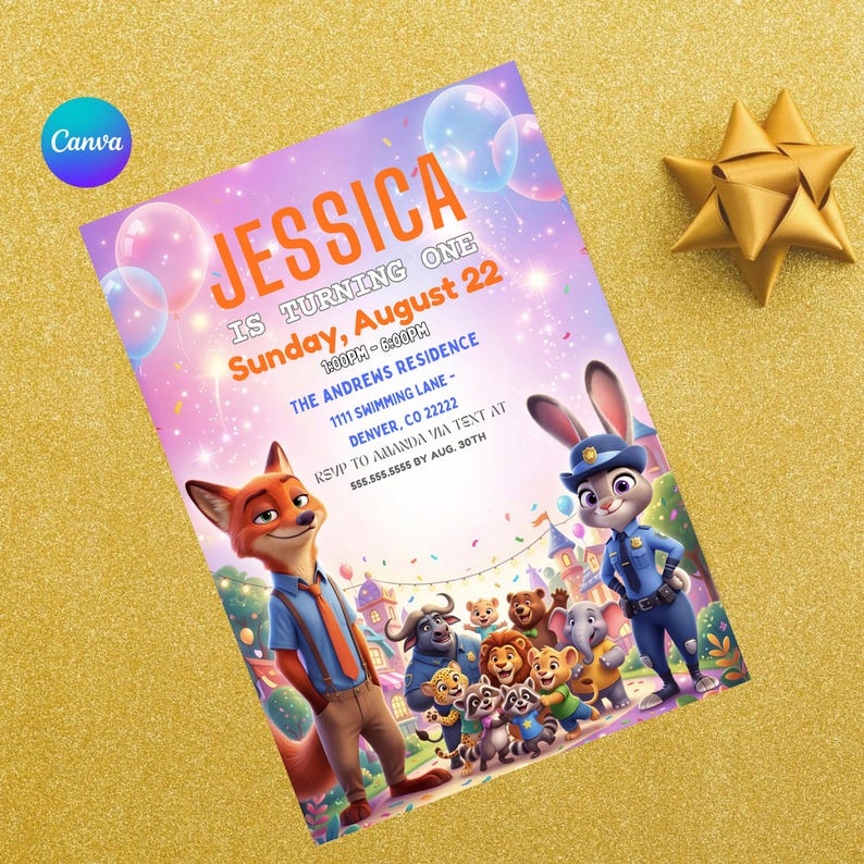 May include: A colorful birthday party invitation featuring the characters from Zootopia. The invitation reads "JESSICA IS TURNING ONE" with event details. The design includes cartoon characters, balloons, and a gold bow on a gold glitter background.