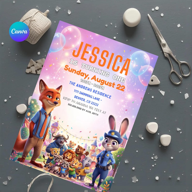 May include: A colorful birthday invitation featuring the text "JESSICA IS TURNING ONE" with event details. The design includes cartoon characters and balloons. The invitation is for a party on Sunday, August 22, at The Andrews Residence.
