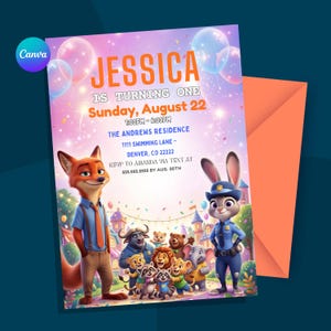 May include: A colorful birthday invitation featuring the text "JESSICA IS TURNING ONE" with event details. The design includes cartoon characters and a vibrant background with balloons and fireworks. An orange envelope is included.
