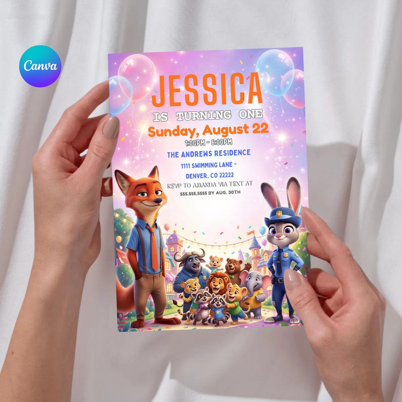 May include: A colorful birthday invitation featuring characters from a popular animated movie. The invitation has the name "Jessica" in large orange letters, with event details and RSVP information. Pink and purple hues with floating balloons and confetti.