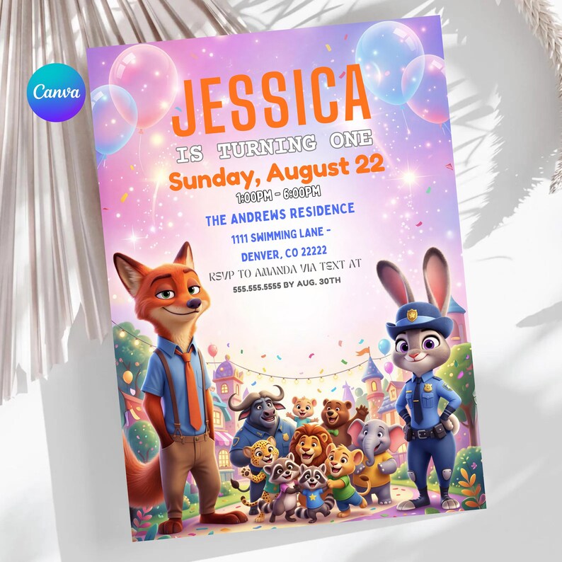 May include: A birthday party invitation featuring the text "JESSICA IS TURNING ONE" with event details. The design includes cartoon characters, balloons, and a colorful background. The invitation is for a party on Sunday, August 22.