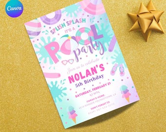 Invitación de cumpleaños editable para fiesta en la piscina / Invitación para nadar / Plantilla digital de Canva con diseño de chapoteo y acuarela para niños (descarga digital)