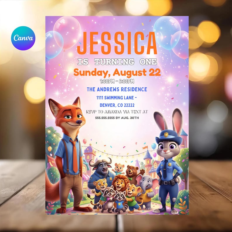 May include: A birthday party invitation featuring the text "JESSICA IS TURNING ONE" in orange. The invitation includes the date, time, and location. Cartoon characters from Zootopia are featured on the invitation.