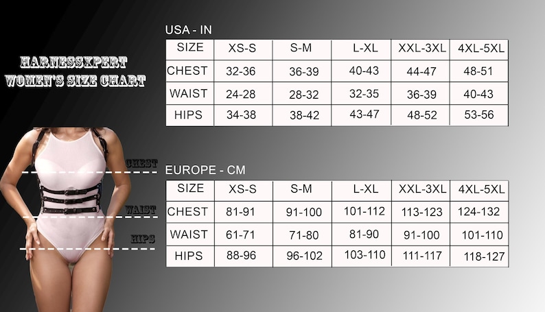 May include: A size chart for women's clothing in both inches and centimeters. The chart shows the measurements for chest, waist, and hips for sizes XS-S, S-M, L-XL, XXL-3XL, and 4XL-5XL.