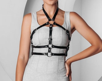 Leather Cage Corset Belt & Choker Suit for Women, Gothic Body Fashion, Leather Chest Harness Belt, Unique Design