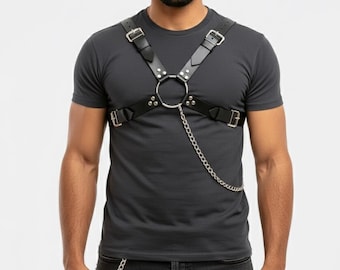 Adjustable Harness with Chain Black & Red Chest Harness, XS-5XL