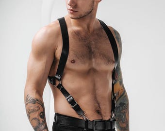 Mens Leather Lingerie Harness Men Chest Suspender, Leather Festival Harness, Gay harness, Rave Outfit, Leather Suspenders, Plus Size Options