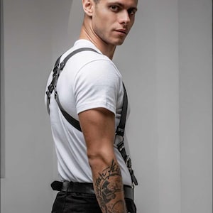 Bold Leather Suspender Harness for Men - Fashion-Forward Accessory for Rave, Nightlife, or Everyday Wear, Adjustable Fit for Comfort.