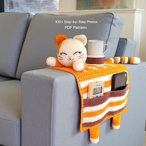Crochet Orange Cat Armrest Organizer Pattern: Sofa Caddy with Cup Holder (PDF) amigurumi pattern