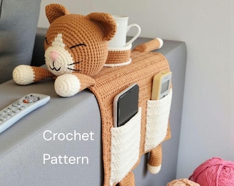Crochet Cat Sofa Armrest Organizer Pattern, Couch Caddy with Cup Holder (PDF)