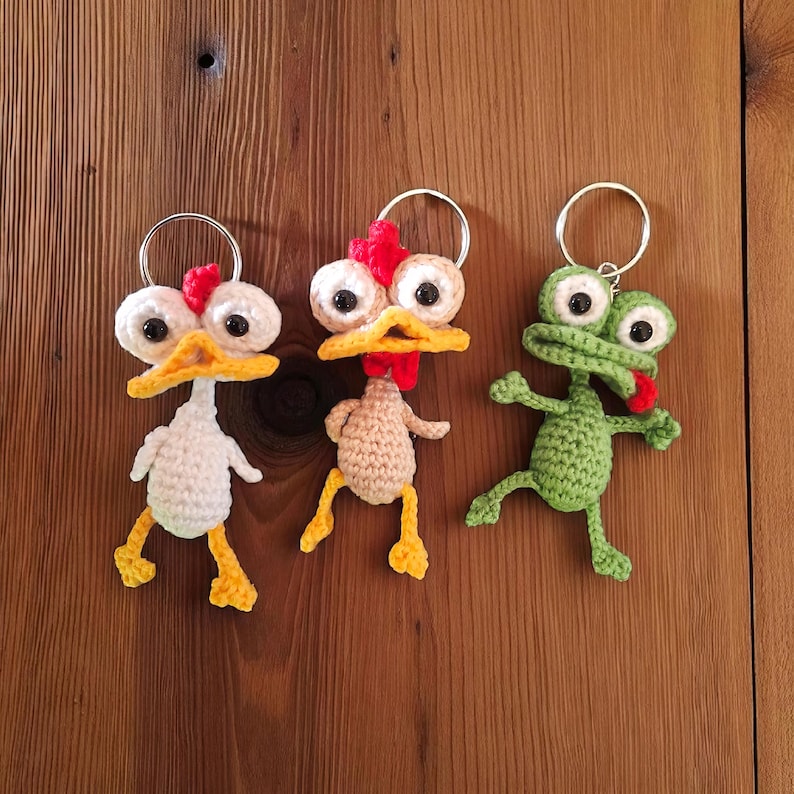 Funny Chicken Rooster Frog Crochet Keychain Pattern PDF – Amigurumi Crazy Eyes Farm Animals Keyring – Small Crochet Gift Idea image 1