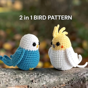 May include: Two crocheted bird figures, a blue and white budgie and a yellow and white cockatiel, sit side-by-side on a wooden surface. The text "2 in 1 BIRD PATTERN" is above the birds. The birds have black eyes and are made of yarn.