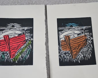 Fishing boat, Holy Island, Northumberland, Woodcut print with Chine Colle.