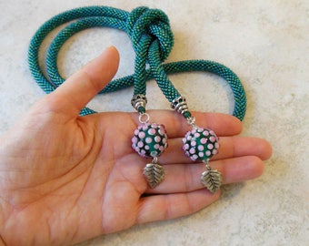 Bead crochet rope necklace Long emerald lariat everyday jewelry Tassel silver leaf Glass lampwork ball Boho Charm Christmas teacher gift