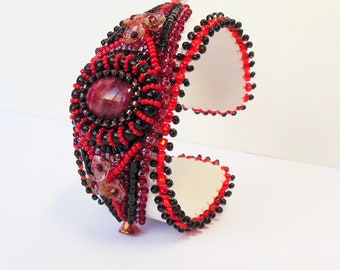 Beaded Cuff bracelet Red Wide floral Cuff Leather Bracelet Wrap Wide Bead Embroidered Rhodochrosite Stone Boho style Statement cuff