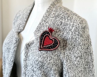 Red Heart brooch pin beaded embroidered Red black brooch Burlesque Rhinestone heart Bonus mom gift Same day shipping Costume Jewelry