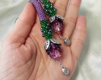 Long tassel necklace Violet Flower Beaded Crochet Rope Lavender necklace Lariat Transformer Purple Green Vintage style Beaded necklace