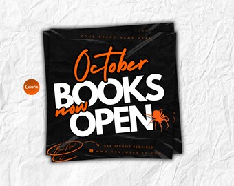 May include: Black and orange graphic design with the text "October BOOKS now OPEN". The design includes a spider illustration and the Canva logo. The background is a textured, crumpled paper.