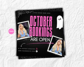 May include: Black flyer with pink text that says "OCTOBER BOOKINGS ARE OPEN". The flyer has two photos of a woman with blonde hair and a ghost graphic. The Canva logo is in the corner.