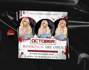 May include: A promotional graphic with three circular portraits of a woman with blonde hair. The text "OCTOBER BOOKINGS ARE OPEN" is displayed in a red and white design, with the brand name at the top and social media information at the bottom.