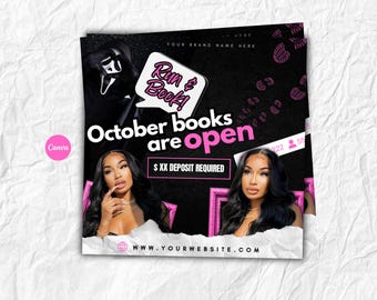 May include: A promotional graphic with a black background and pink accents. The text "October books are open" is displayed, along with the phrase "Run & Book!" in a speech bubble. Two women are featured, and the website address is visible.