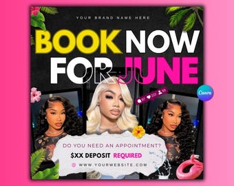 May include: A promotional graphic with the text "BOOK NOW FOR JUNE" in yellow and pink. The image features three portraits of a woman with long hair, along with the text "DO YOU NEED AN APPOINTMENT?" and website information.
