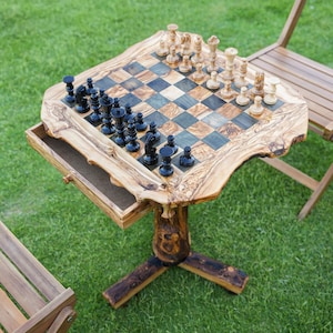 Handmade Olive Wood Chess Table with Storage Drawers & Hand-Carved Pawns