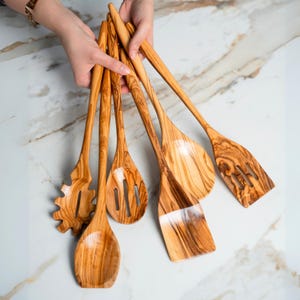 Olive Wood Kitchen Set, 6 Piece, Artisan Crafted, Rustic Cooking Utensils, Durable Wooden Spoons, Spatulas