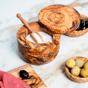 Olive Wood Salt Cellar with Swivel Lid & Spoon - Rustic Handmade Salt Box for Kitchen - Mediterranean Olive Wood Spice Ja