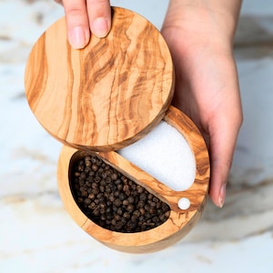 Olive Wood Salt and Pepper Cellar with Magnetic Lid – Dual Compartment Spice Box – Rustic Handmade Kitchen Gift
