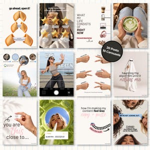 Könnte beinhalten: Eine digitale Marketing-Inhaltssammlung mit zwölf verschiedenen Grafiktafeln. Die Bilder umfassen Glückskekse, Sternebewertungen, Lifestyle-Fotografie, Social-Media-Oberflächenelemente, Textüberlagerungen und illustrative Symbole.