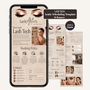 May include: A digital Acuity scheduling template for lash technicians displayed on a smartphone screen. The design features a beige background, illustrations of closed eyes with long lashes, and text sections for booking policies, contact info, and business hours.