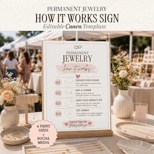 Permanent Jewelry How It Works Sign, Editable Canva Template, Permanent Jewelry Vendor Sign, Pop Up Market Sign, Jewelry Business Template