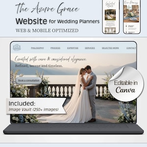 Puede incluir: Una plantilla de sitio web para organizadores de bodas titulada The Azure Grace, con una pantalla de portátil que muestra una pareja de novios, menú de navegación y botón de consulta. Incluye vistas móviles, 250+ imágenes y es editable en Canva.