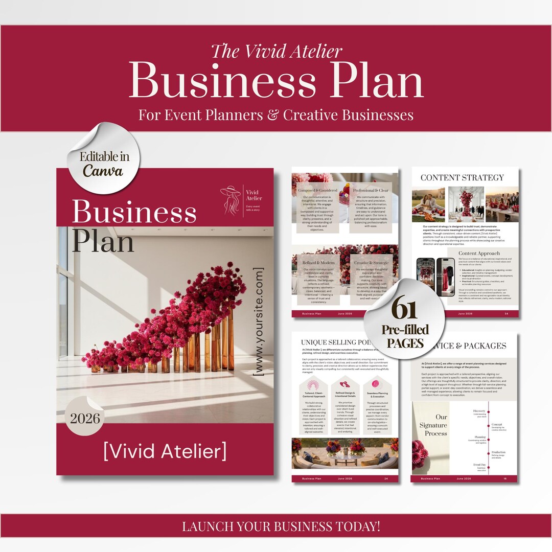 Event Planner Business Plan Template Canva | 60 Page Editable Workbook ...