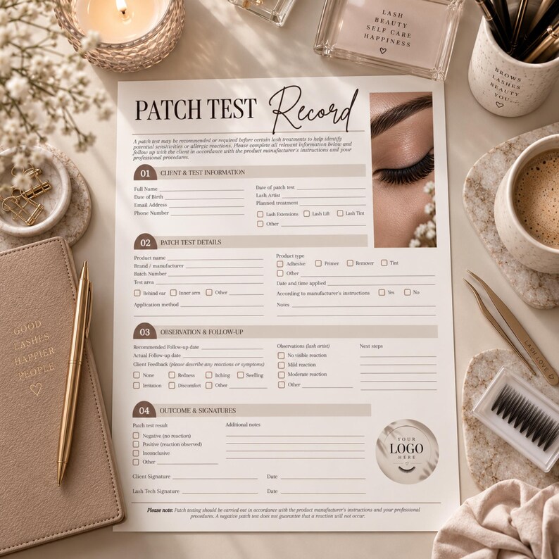 Puede incluir: Un formulario de registro de prueba de parche para tratamientos de pesta&ntilde;as en papel blanco con secciones para informaci&oacute;n del cliente, detalles de la prueba, observaciones y firmas, incluyendo una foto de un ojo cerrado y un logo circular.