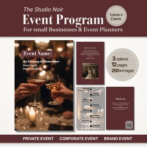 Op de afbeelding: Een digitale evenementenprogramma sjabloonset met een donker bordeauxrood kleurenschema. De lay-out bevat een voorpagina met een toast-afbeelding, een welkomstpagina, een tijdschema en een bedankpagina met een QR-code. Tekst bevat The Studio Noir Event Program, 3 options, 12 pages, 250+ images, en Private Event, Corporate Event, Brand Event.
