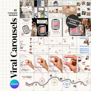 Op de afbeelding: Een digitale sjablooncollectie met 10 virale carrousels voor sociale media. De lay-out bevat diverse grafische elementen zoals winkelmandjes, interactieve lijnen en tekstoverlays zoals Viral Carousels, 10 Carousels included en 5 Interactive 3 Static 2 Seamless.