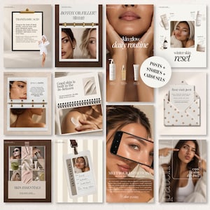 Puede incluir: Un conjunto de plantillas de marketing digital para el cuidado de la piel con varios diseños, incluyendo un portapapeles con texto sobre ácido tranexámico, un cuaderno de espiral, una guía de rutina de brillo facial y un sobre con lunares.