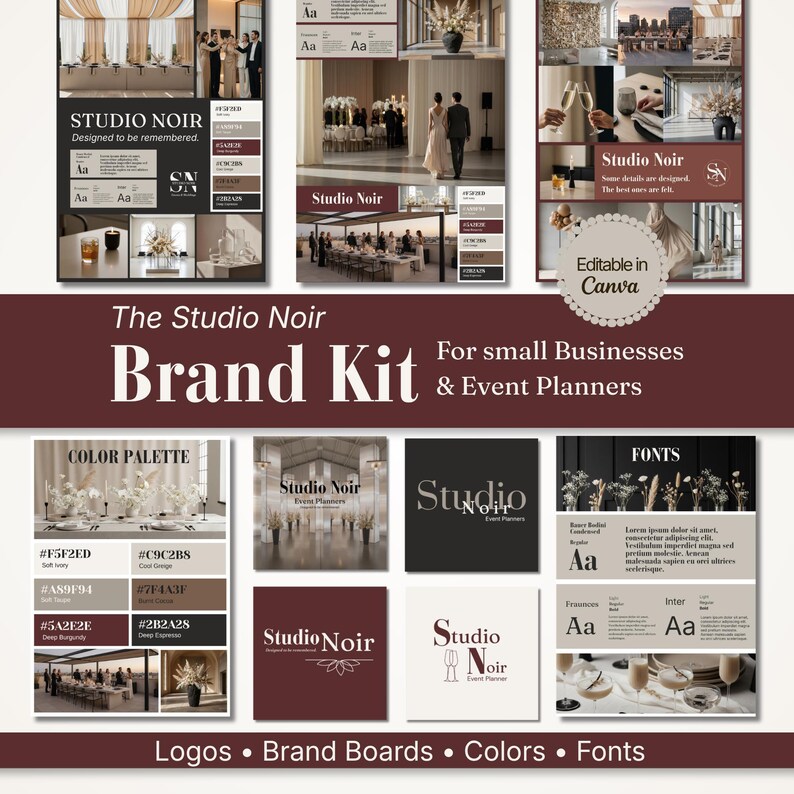 Brand kit Canva template featuring 9 logo variations, color palette, font pairing and brand boards, shown in warm neutral tones with a minimal editorial layout and clean luxury design