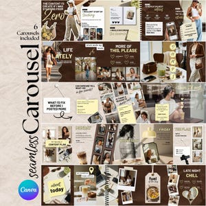 May include: A digital template set for social media carousels featuring six distinct layouts with brown and cream color schemes. The designs include text overlays like 'The content I'd create if I was starting from zero', 'Life lately', and 'The plan'.