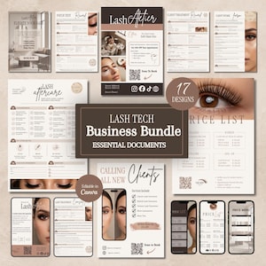 May include: A collection of seventeen editable lash technician business documents in a neutral color palette. The set includes price lists, intake forms, aftercare guides, and promotional flyers featuring text, QR codes, and close-up eye imagery.
