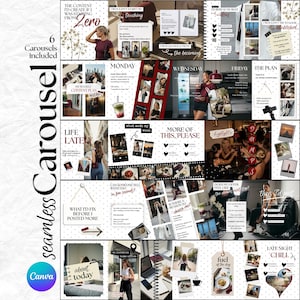 May include: A digital template set for social media carousels featuring six distinct layouts with white backgrounds, black polka dots, and various photo frames. The text includes phrases like 'The content I'd create if I was starting from zero' and '6 Carousels included'.