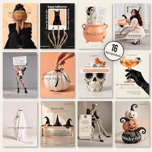 May include: A collection of sixteen digital Halloween-themed social media templates featuring various seasonal imagery including pumpkins, skeletons, a witch's cauldron, a skull, and ghosts with text overlays like In My October Era and Witch List.