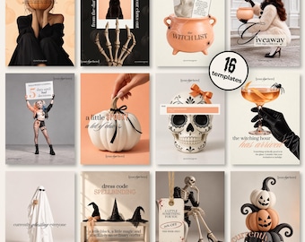 May include: A collection of sixteen digital Halloween-themed social media templates featuring various seasonal imagery including pumpkins, skeletons, a witch's cauldron, a skull, and ghosts with text overlays like In My October Era and Witch List.